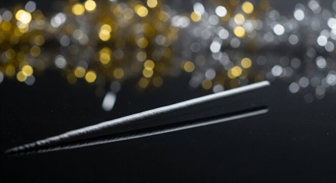 A single, unlit sparkler (unused, clean) resting on a dark, reflective surface, with a blurred background of festive New Year's Eve decorations. Suggests anticipation and potential. Usage Anticipation