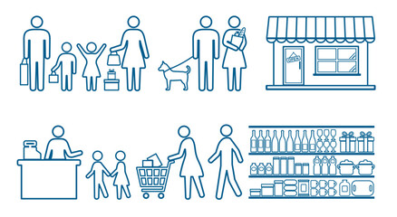 人　家族　買い物　ピクトグラム　線画アイコンセット