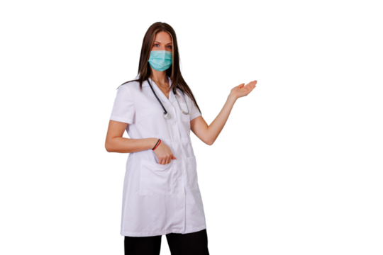 Female doctor wearing surgical mask and white lab coat presenting copy space on a transparent background