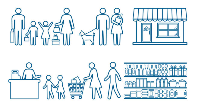 人　家族　買い物　ピクトグラム　線画アイコンセット