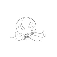 continuous line drawing earth globe and plant symbol for save earth illustration