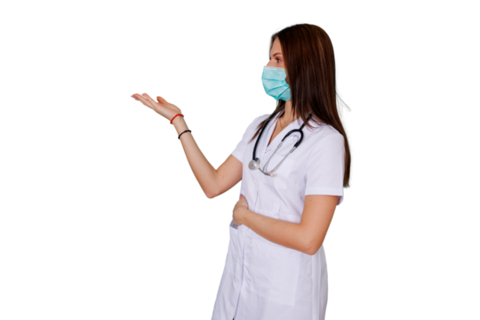 Medical professional wearing mask and stethoscope presenting blank space for information, healthcare worker pointing, transparent background