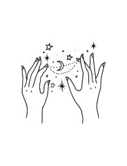 Mystical hands reaching for the stars and moon, a celestial dance of magic and wonder, perfect for spiritual designs and dreamy aesthetics, originally vector