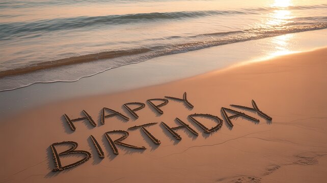 Happy birthday written on sand at ocean beach during golden hour