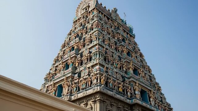Intricate temple spire against clear sky with architectural details highlighted