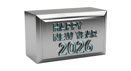 Happy new year 2026. png image. Shiny metallic cube with happy new year 2026 text isolated on transparent background.