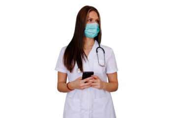 Healthcare worker wearing face mask and stethoscope, using smartphone, transparent background