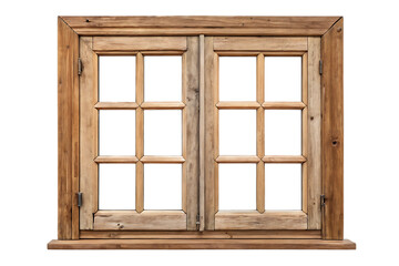 Wooden window frame with two shutters isolated on white background