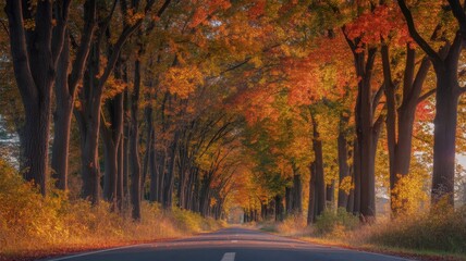 Autumn tree-lined road bathed in warm light with vibrant leaves