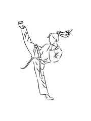 Dynamic line art of a female martial artist executing a high kick, showing strength, focus, and discipline in this simple yet powerful design