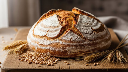 A freshly baked artisan rustic bread loaf with a cracked golden crust, placed on a wooden board surrounded by wheat grains under soft natural lighting.