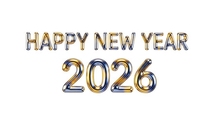 Happy new year 2026. png image. Happy new year 2026 text and numbers in colorful metallic balloons isolated on transparent background.
