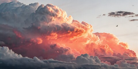 Fiery Sunset Clouds with Birds in Flight dramatic cumulonimbus