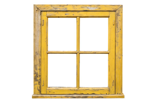 Old yellow wooden window frame, isolated on white background
