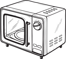 Microwave Oven Hand-drawn Sketch Drawing Vector Illustration, Line Linear Symbol Engraving Coloring Book, Black and White Isolated