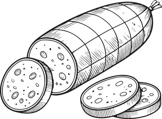 Mortadella Sausage Hand-drawn Sketch Drawing Vector Illustration, Line Linear Symbol Engraving Coloring Book, Black and White Isolated
