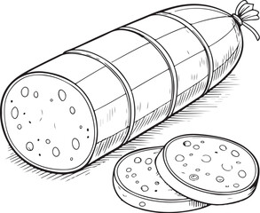 Mortadella Sausages Sliced with Slices Hand-drawn Sketch Drawing Vector Illustration, Line Linear Symbol Engraving Coloring Book, Black and White Isolated