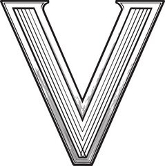 Letter V Hand-drawn Sketch Drawing Vector Illustration, Line Linear Symbol Engraving Coloring Book, Black and White Isolated