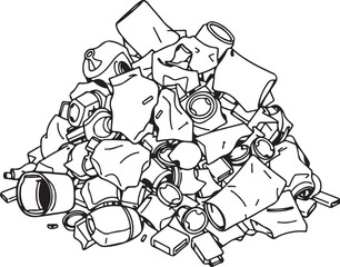 Metal Recycling Pile of Cans Hand-drawn Sketch Drawing Vector Illustration, Line Linear Symbol Engraving Coloring Book, Black and White Isolated