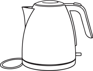 Electric Kettle Kitchen Appliance Hand-drawn Sketch Drawing Vector Illustration, Line Linear Symbol Engraving Coloring Book, Black and White Isolated