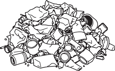 Pile of Trash Waste Dump Recycling Hand-drawn Sketch Drawing Vector Illustration, Line Linear Symbol Engraving Coloring Book, Black and White Isolated