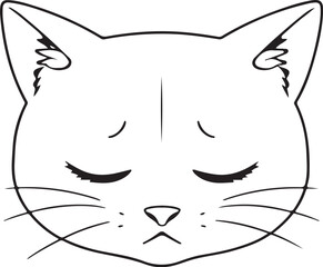Sad Cat Face Head Hand-drawn Sketch Drawing Vector Illustration, Line Linear Symbol Engraving Coloring Book, Black and White Isolated