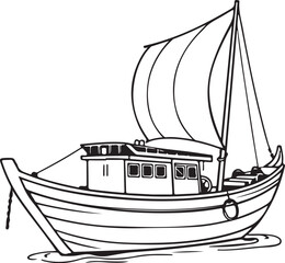 Fishing Boat Hand-drawn Sketch Drawing Vector Illustration, Line Linear Symbol Engraving Coloring Book, Black and White Isolated