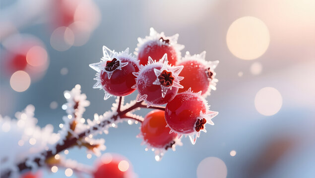 Frosted red berries glowing softly in warm winter light