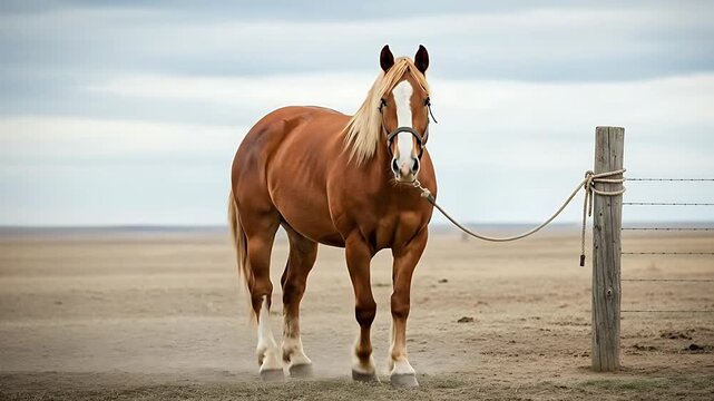 Ginger horse standing and waiting on open Old West prairie with overcast sky, reflecting pioneer settlers history