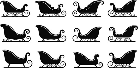 Christmas Sleigh and Santa's Sledge Vector Silhouette Collection Set Illustrating Various Traditional and Decorative Styles with Scrollwork Runners for Festive Holiday and Winter Designs