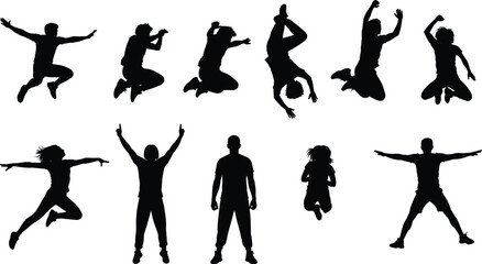 Dynamic People Jumping Silhouette Vector Collection Set Illustrating Various Poses, Including Mid-Air Leaps, Freefall, and Celebration for Energy, Freedom, and Youth Concepts