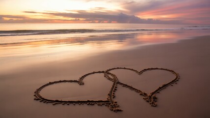 Intertwined hearts drawn in sand on beach at romantic sunset