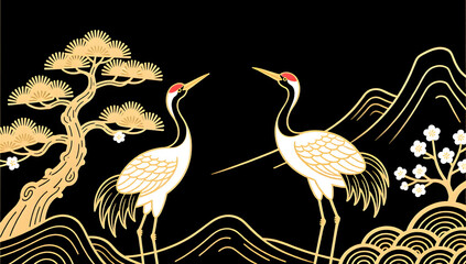 Naklejka premium Elegant Line Drawing of Spring Cranes and Pines