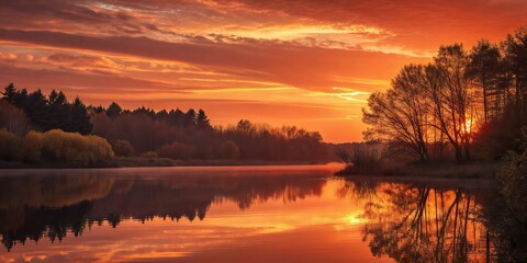 Naklejka premium sunset over the lake