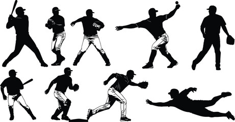 Naklejka premium Baseball Player Action Silhouette Vector Collection Set Illustrating Various Poses, Including Hitting, Pitching, Catching, Fielding, and Sliding for Sports and Athletic Design Concepts