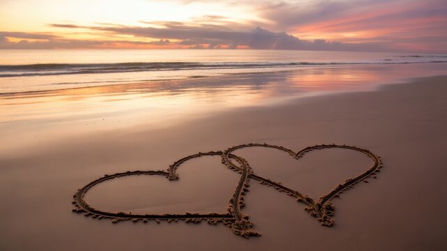 Intertwined hearts drawn in sand on beach at romantic sunset - Powered by Adobe