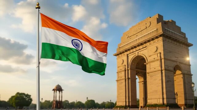 Majestic indian flag waving at iconic monument with golden sunset