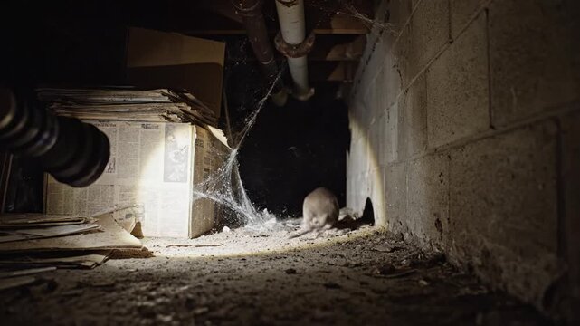 A flashlight beam reveals thick spiderwebs and old newspapers in a dark, dirty crawl space under a house. This spooky scene is perfect for horror or home renovation concepts.