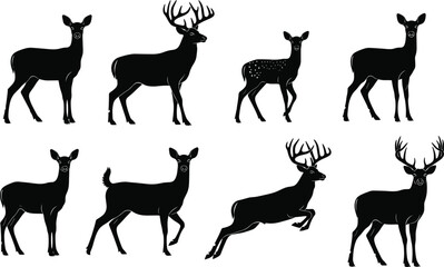 Deer and Buck Silhouette Vector Collection Set Illustrating Various Poses, Including Standing, Walking, and Jumping Animals with Large Antlers, Ideal for Hunting, Nature, and Wildlife Concepts