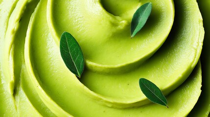 Creamy green avocado spread artfully arranged in a spiral pattern, garnished with fresh green leaves, showcasing a vibrant and healthy culinary delight for food enthusiasts and chefs