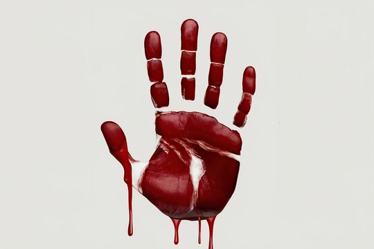 Red bloody hand print with dripping drops of paint illustration on plain white background for criminal sign halloween theme concept with graphic art and abstract design decoration