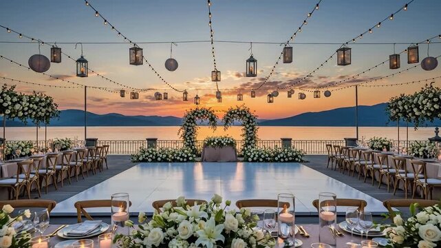 Elegant Wedding Reception Setup with Floral Arch and Water View at Sunset
