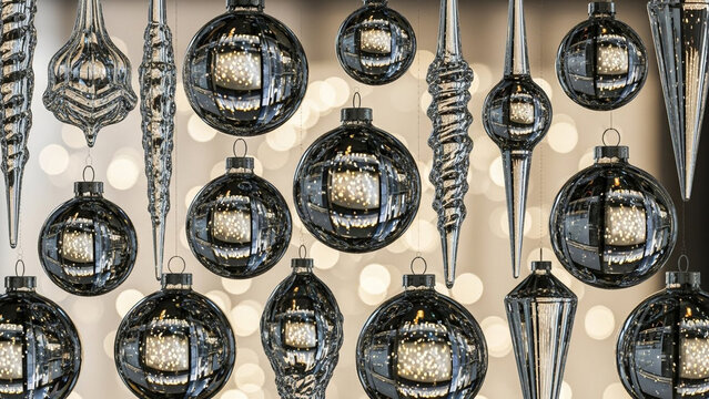 Elegant collection of festive metallic christmas baubles and icicle ornaments hanging against a soft bokeh background, holiday decor detail