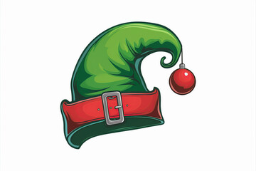 Cartoonish Elf Hat Green Color with Red Decoration Ball and Silver Belt Buckle for Festive Celebration, Vector Illustration Isolated on White Background with Detailed Style 200Char
