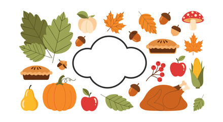 Thanksgiving and autumn themed graphic featuring holiday foods, fall leaves, acorns, and a central blank cloud-shaped frame for a message.
