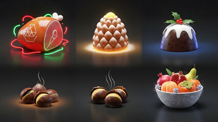 A stylized collection of various festive foods and desserts.