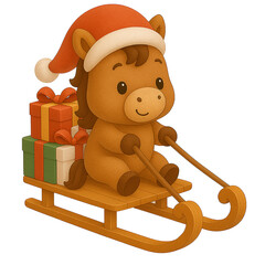 Santa horse riding sleigh full of gifts &ndash; 3D kawaii cartoon Christmas illustration