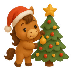 Adorable Christmas horse in Santa hat hanging ornament on Christmas tree &ndash; 3D cute cartoon illustration