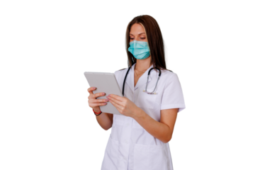 Medical doctor nurse woman wearing a surgical mask and white uniform, holding a digital tablet. Transparent background