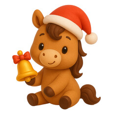 cute horse wear santa hat and sitting and holding Christmas bell , 3d cartoon illustration